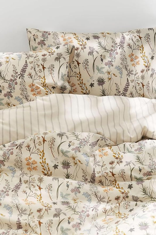 Floral Duvet Cover Twin 2 Pieces Aesthetic Reversible Striped Bedding Set Farmhouse Botanical Flowers Design Soft Washed Microfibre,1 Beige Duvet Cover with 1 Pillowcase