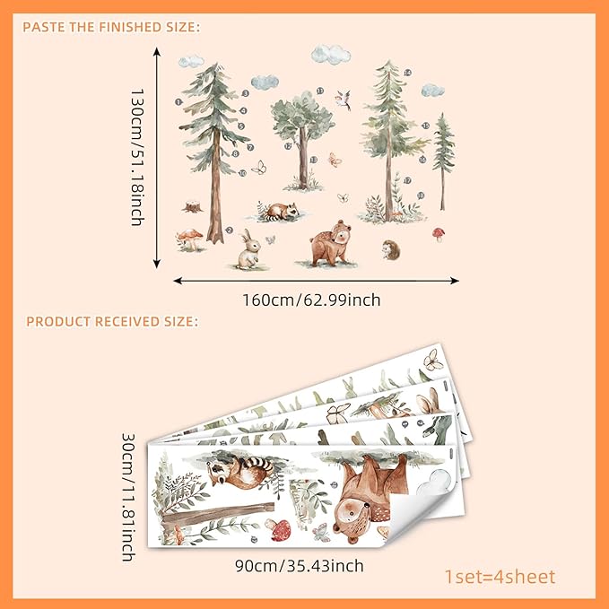 Large Forest Cute Animals Wall Decals - Woodland Pine Tree with Rabbits Birds Peel and Stick Wall Art for Kids Room Nursery Bedroom Living Room Decor