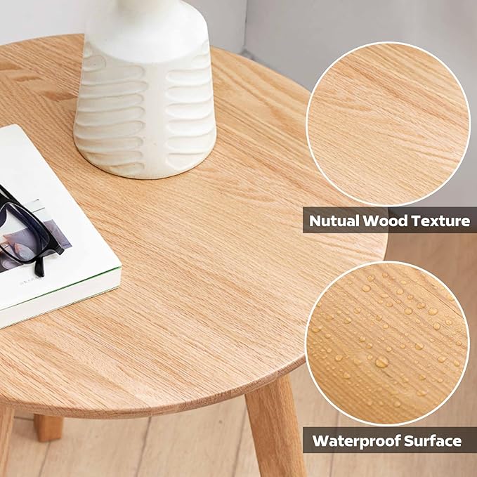 100% Solid Oak Round Side Table, Small Side Table for Small Spaces, 3-Legged Living Room End Tables with Stable Frame for Bedroom Couch Side Entryway, Natural
