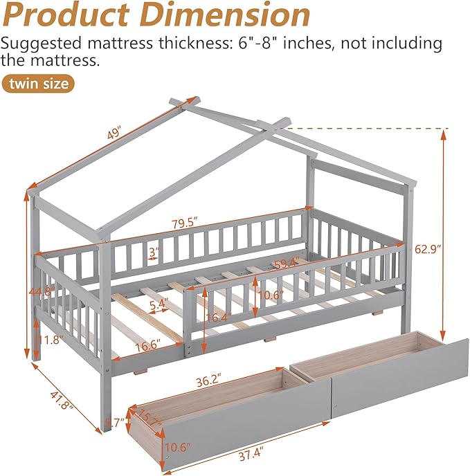 Aoowow Twin Size House Bed with Storage Drawers,Kids Wooden Bed Frame Twin House Bed with Slats and Fence for Boys Girls Teens for Bedroom(Grey)