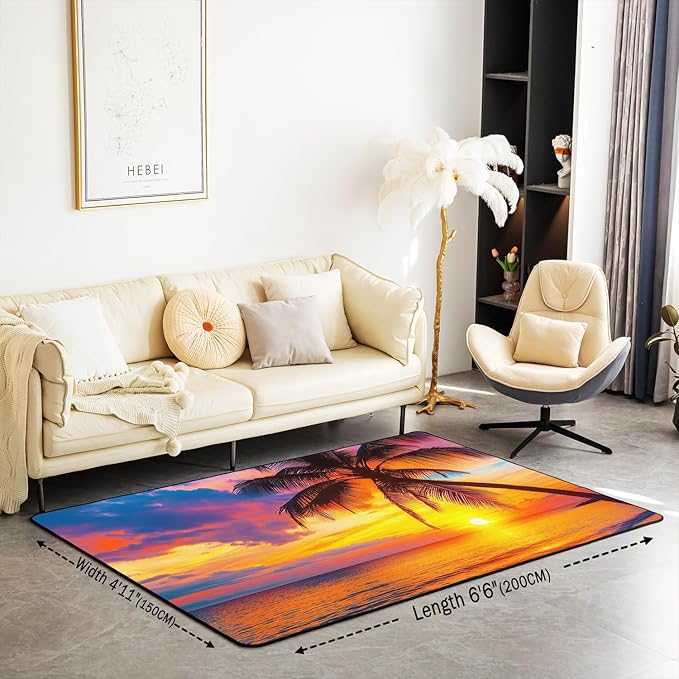 Ocean Beach Area Rug 5x7 and Mats,Hawaiian Beach Palm Tree Decorative Carpet Floor Mat Decor, Tropical Sea Sunset Carpet,Machine Washable Non-Slip Living Room Rugs for Bedroom