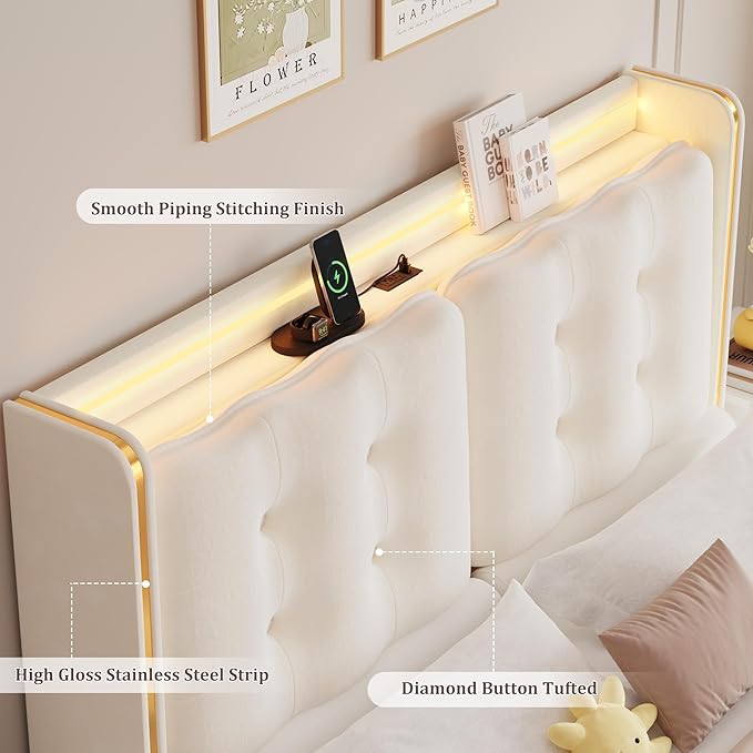 HITHOS Upholstered Queen Led Bed Frame with Charging Station and Storage Drawers, Velvet Princess Platform Bed Frames with Crystal-Button Tufted Headboard for Girls and Kids, No Box Spring Need, Beige