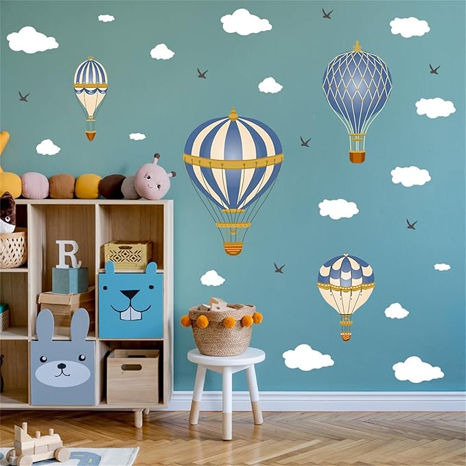 3D Hot Air Balloon Wall Decals Cute Clouds and Seagulls Wall Stickers Kindergarten Baby Room Art Wall Stickers Removable PVC Self-Adhesive Wallpaper Nursery Classroom Playroom Bedroom Wall Art Decor