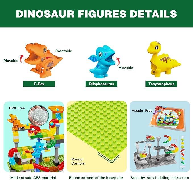 Dinosaur Marble Run Building Blocks, 148PCS Compatible with Lego DUPLO Marble Runs for Kids 4-8, Montessori Educational Learning STEM Toys, Dinosaur Toys for Kids 3-5, Toddler Toys for Age 3+, Gift