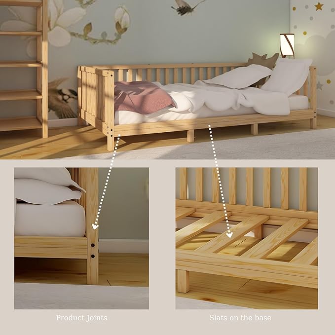 Montessori Floor Bed Designed with Open Front and Footed model for Girls and Boys | Pine Wood Natural Solid Frame Beds with Slats | Sturdy Designed Floor Bed Frame for Kids (Queen, Height : 23 Inches)