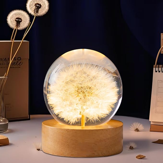 Dandelion Decor Gifts,Dandelion Flowers Lamp Crystal Ball Night Light,2.4 Inch Glass Ball Lamp with LED Wooden Base, Soft Warm White Lighting for Women Best Friends Sister Birthday Xmas Aesthetic Gift