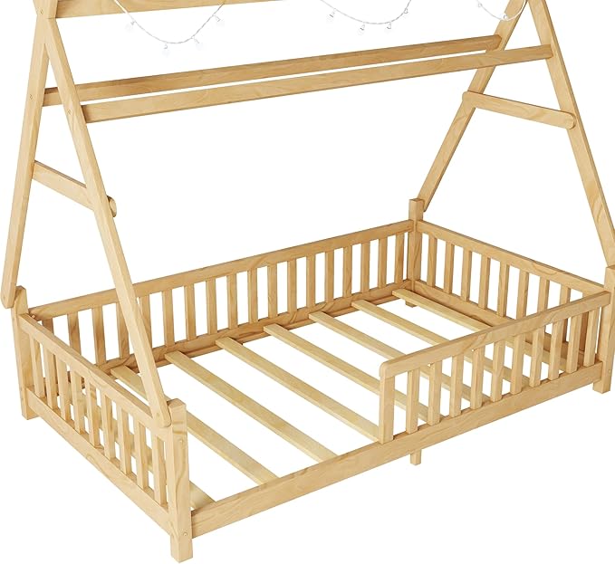 Twin House Bed with Roof & LED Light, Low Profile House Bed with Fence, Safe Guardrails, DIY-Friendly for Boys & Girls, Solid Wood & MDF Construction, No Box Spring Required, Natural