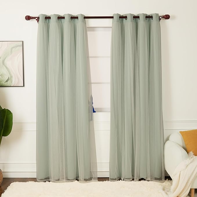 INLINAS 52 x 84 Inch Blackout Curtains with Sheer Overlay - Grommets Thermal and Noise Reduction Panels for Bedroom and Living Room Light Blocking and Energy Saving, Mint, Set of 2