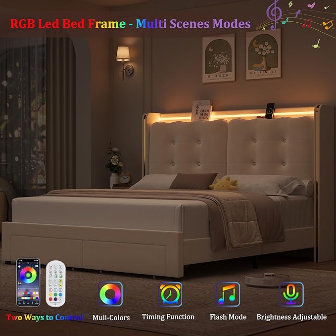 HITHOS Upholstered Queen Led Bed Frame with Charging Station and Storage Drawers, Velvet Princess Platform Bed Frames with Crystal-Button Tufted Headboard for Girls and Kids, No Box Spring Need, Beige