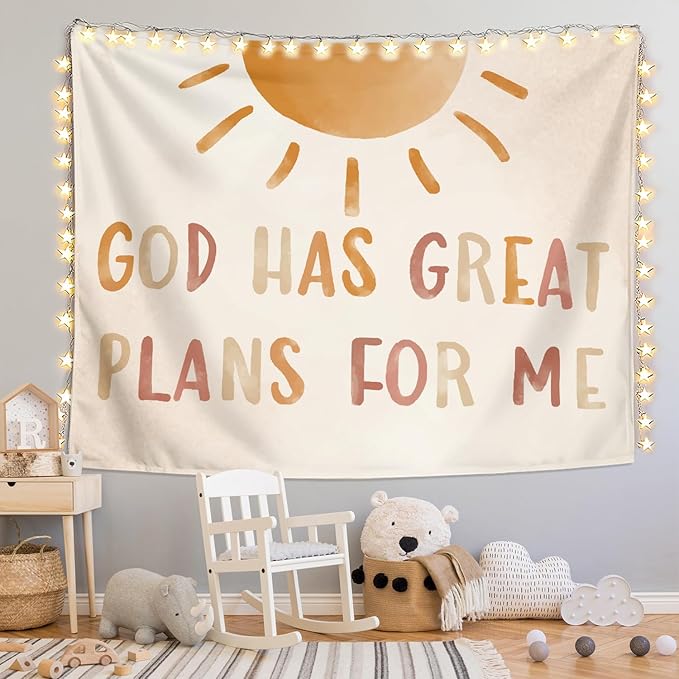 LIANGW Boho Neutral Baby Nursery Christian Wall Tapestry – God Has Great Plans for Me Bible Verse Decor, Inspirational Toddler Room Tapestry for Boys,Teens Room Decoration Room Bedroom 50x60 inches