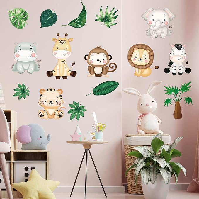 9 Sheets Baby Safari Animals Wall Stickers Jungle Animals Wall Decals Elephant Zebra Giraffe Hippo Lion Leaf Baby Nursery Decor Peel and Stick Decals Kids Bedroom Living Room Art