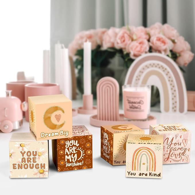 Wooden Custom Name Baby Blocks Set for Desk Table Boho Playroom Signs for Girls Boys Alphabet Inspirational Baby Room Shelf Decor Watercolor Rainbow Sun Decor for Bedroom Nursery Babies Shower Gifts