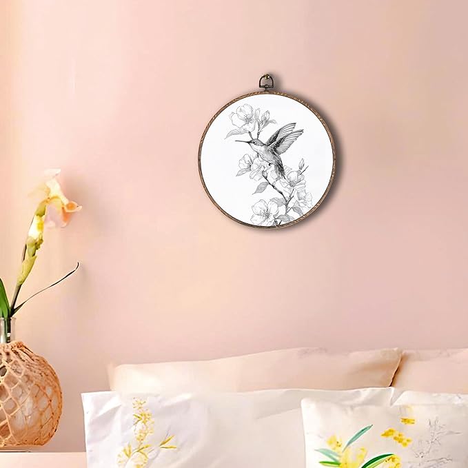 Retro Hummingbird Round Wall Art Framed, Vintage Floral Bird Round Wall Decor, Sketch Bird Hanging Canvas Prints Wall Sculptures for Farmhouse Home Bedroom Decor, 10x10 Inch