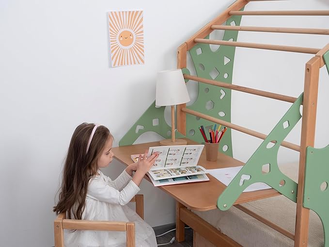 BUSY WOOD Monkey Bed – Twin Frame with Storage & Desk – Montessori Indoor Playground – Jungle Gym Furniture for Kids – Toddler Sleeping Frame with Drawers & Removable Table