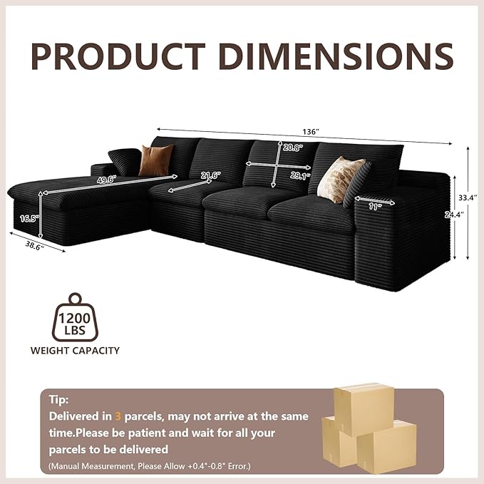 136 Inch Cloud Sectional Couch, Modern Modular Sectional Sofa with Deep Seat, Corduroy Boneless Couches with L-Shape Chaise for Living Room Bedroom, No Assembly Required (Black, Left Facing Chaise)