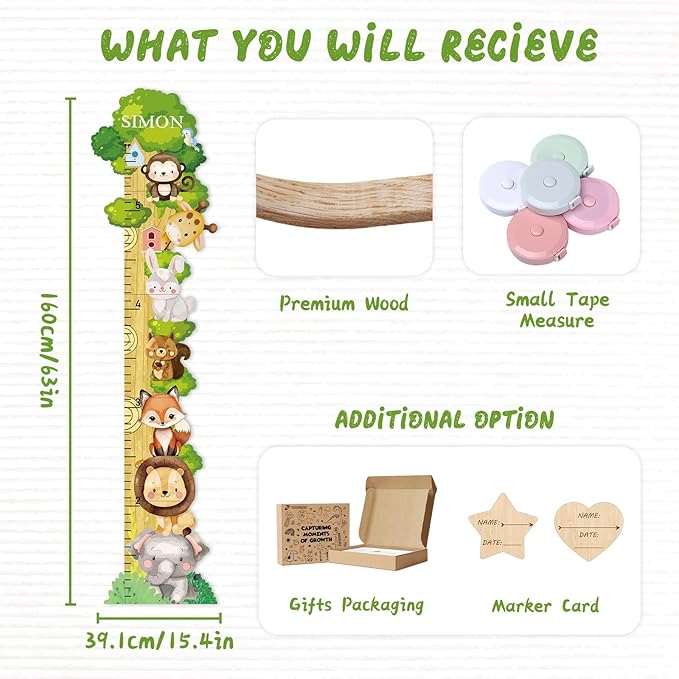 Personalized Name Wooden Growth Chart for Wall - Forest Animal Stack Size Height Chart for Kids, Growth Measuring Board and Kids Height Wall Chart, Children Playroom Decor