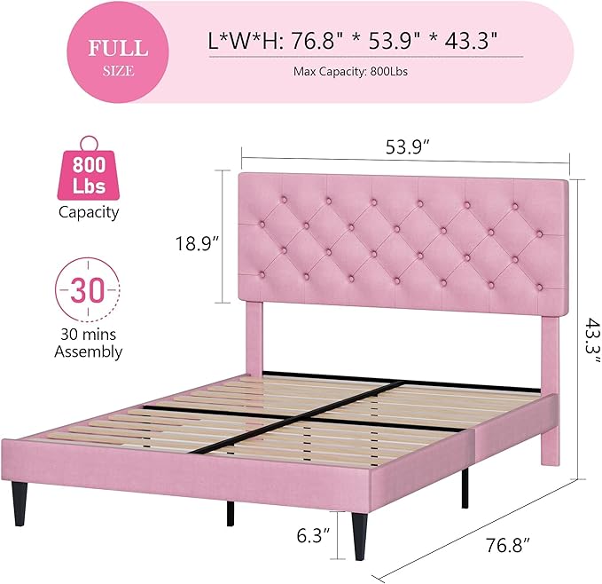 BarnFurin Full Size Bed Frame with Headboard, Upholstered Platform Bed with Adjustable Button Tufted Headboard, Fabric Bed Frame with Wooden Slats Support, No Box Spring Required, Easy Assembly, Pink