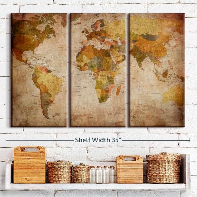 ElephantStock World Map Multi Piece Canvas - 3 Piece Canvas World Map Wall Decor - Wall Decor - Ready-to-Hang Print - Vintage Wall Art - 33" X 20"