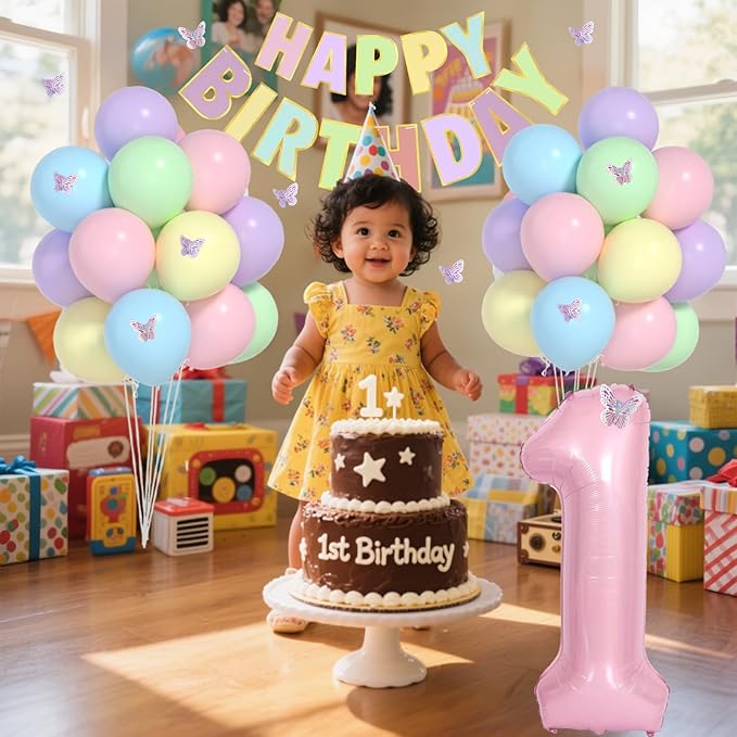 Pastel First Birthday Decorations -12 inch Pastel Balloons, 40 Inch Pink 1 Balloons, 3D Butterflies Stickers, Happy Birthday Banner For Baby Girl 1st BD Party Decorations