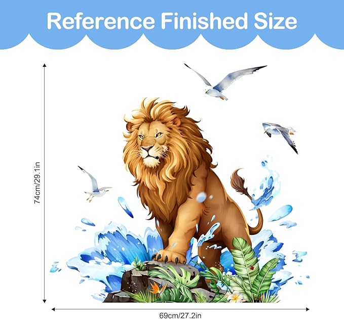 Tanlaby Lion Wall Decals Jungle Animal Wall Sticker with Leaves Waves Seagulls Peel and Stick Tropical Safari Animals Art Decor for Baby Nursery Boy Kids Toddler Bedroom Playroom
