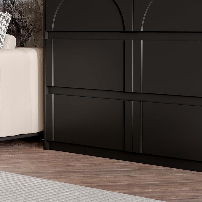 9 Drawer Dresser Chest of Drawers, Modern Black Dresser for Bedroom, 63” Wide Drawer Chest, No Handles, Arch-Shape Pattern, 9 Drawer Cabinet for Living Room, 13.8”D x 63”W x 31.5”H