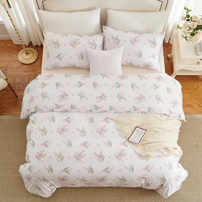 Duvet Cover Queen 3Pcs Pink Floral Bedding Set for Girls, Lily of The Valley with Butterfly and Bow Design, 1 Duvet Cover and 2 Pillowcases, Soft Breathable Microfibre Reversible