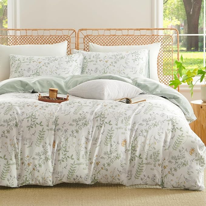 Botanical Duvet Cover Full Sage Green Reversible Floral Bedding Set Farmhouse Leaf Bedding 3Pcs Modern Aesthetic Duvet Covers with Zipper Closure Ultra Soft Microfiber