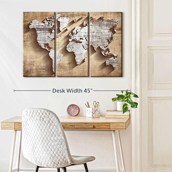 ElephantStock Dimensional World Map II Multi Piece Canvas - 3 Piece Canvas World Map Wall Decor - Wall Decor, Ready-to-Hang Print - Vintage Wall Art - 38" X 24"