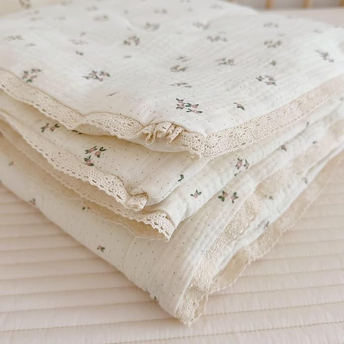 BuLuTu Pink Flower Print Toddler Kids Comforter Muslin Cotton Toddler Blankets for Girls Boys Children Quilt Blanket (No Pillow), Breathable Skin-Friendly, Primrose Pattern, 60"x78"