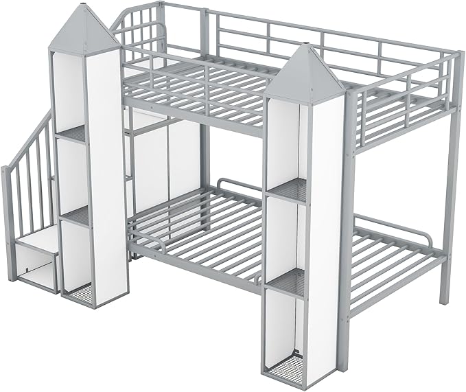 Twin Over Twin Castle-Shaped Bunk Bed with Wardrobe and Multiple Storage, Metal Bunk Bed with Storage Staircase and Safety Guardrail for Kids Teens Boys Girls Bedroom (White+Gray)