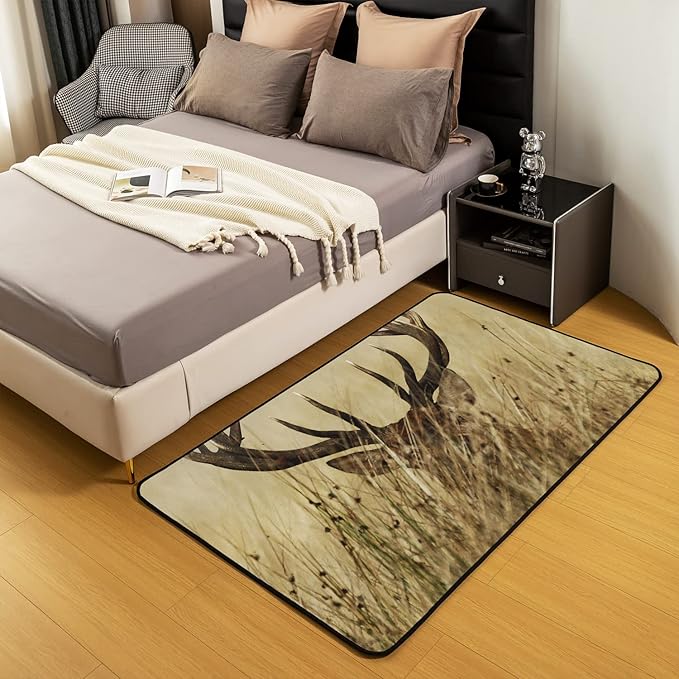 jejeloiu Antler Rug Retro Deer Rugs for Living Room Bedroom 20"(W) x32(L), Soft Rug,Countryside Rural Hunting Non-Slip Plush Floor Mats Decor