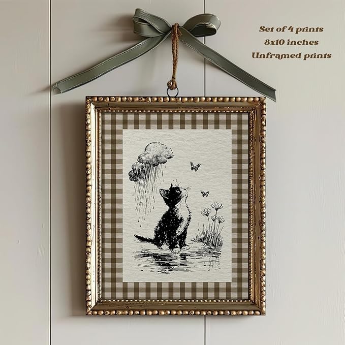 IORAFOUDUO Vintage Cute Animal Nursery Wall Art Decor Prints Unframed Set of 4, Vintage Baby Girl Boy Nursery Decor, Fairytale Cat Bunny Fox Bear Wall Decor for Kids Toddler Room Bedroom Playroom 8x10