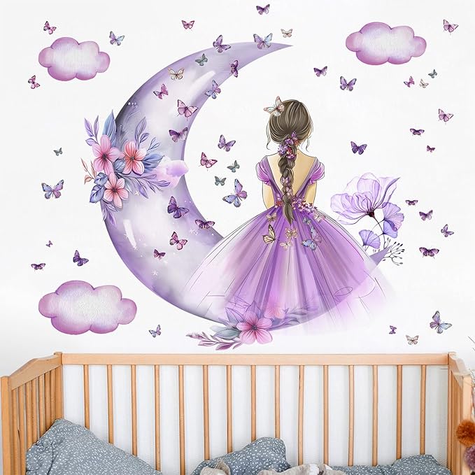 2 Sheets Purple Butterfly Girl Wall Decal - Removable DIY Moon Cloud Wall Decal Vinyl Purple Flower Princess Room Art for Girls Baby Nursery Bedroom Living Room Bathroom Classroom Decor