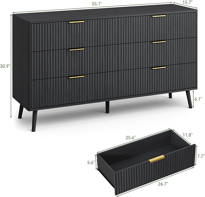 LYNSOM 55" Wide Fluted Dresser for Bedroom with 7 Drawer, Modern Chest of Drawers with Curved Profile Design and Metal Handles, Wood Dresser TV Stand & Storage Organizer for Living Room, Black