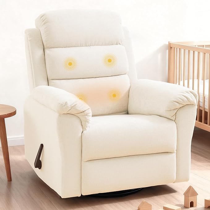 FLEXISPOT XRC6 Nursery Swivel Rocker Recliner with Massage & Heat, Rocking Glider Chair w/ 28" High Back, Comfy Upholstered Armchair for Living Room Nursery, FSC Certified(Premium Chenille, Cream)