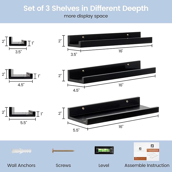 Picture Ledge Wall Shelves 16 inches Width Set of 3, Solid Pine Wood Rustic Floating Ledge Shelves for Wall for Kids' Room Bedroom Kitchen Bathroom Living Room Nursery Display Decor, Black