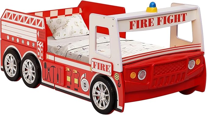 HMFULE Twin Bed Frames for Kids, Wood Fire Truck-Shaped Bed Frame Platform with Wheels LED Lights & Slat Support for Toddler, Teens, Boys or Girls, No Box Spring Needed (Red)