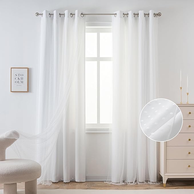 MYSKY HOME White Curtains for Girls Bedroom & Nursery Kids Cute 90 Inch Curtains Double Layer with Polka Dots Sheer, Grommet Tops, 52" Wide Each Panel, 2 Panels
