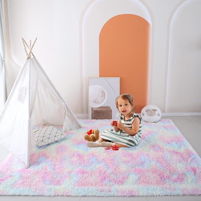 Rainbow Rugs for Girls Bedroom Living Room,8x10 Feet Shag Fuzzy Area Rug for Kids Playroom,Pastel Plush Shaggy Carpet for Nursery Baby Toddler Dorm Room