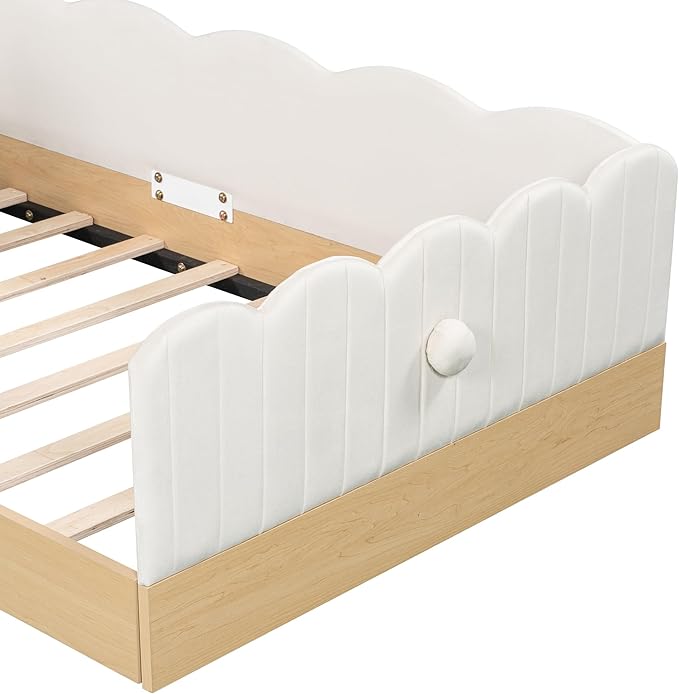 Twin Size Upholstered Platform Bed with Safety Guardrail and Cute Rabbit Ear Shaped Pillows, Velvet Fabric Montessori Kids Floor Bed with Pocket and Sturdy Slats Support (Beige-9.25)