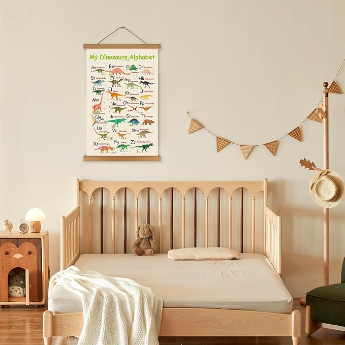 KARINE Dinosaurs Alphabet Poster,Animal ABC Learning Wall Art with Magnetic Hanging Frame(14”X22”) A TO Z Educational Poster,Dinosaur Alphabet Chart Hanger Gift for Kids Boys Playroom Classroom Decor