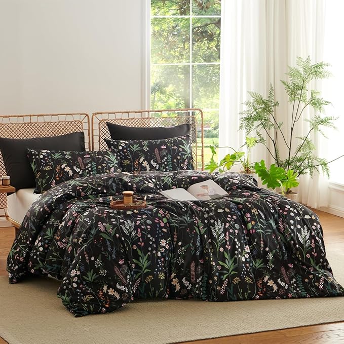 Floral Duvet Cover King Black 3 Pieces Elegant Botanical Flower Bedding Set Farmhosue Aesthetic Bedding Soft Microfiber Duvet Cover Set with 2 Pillowcases