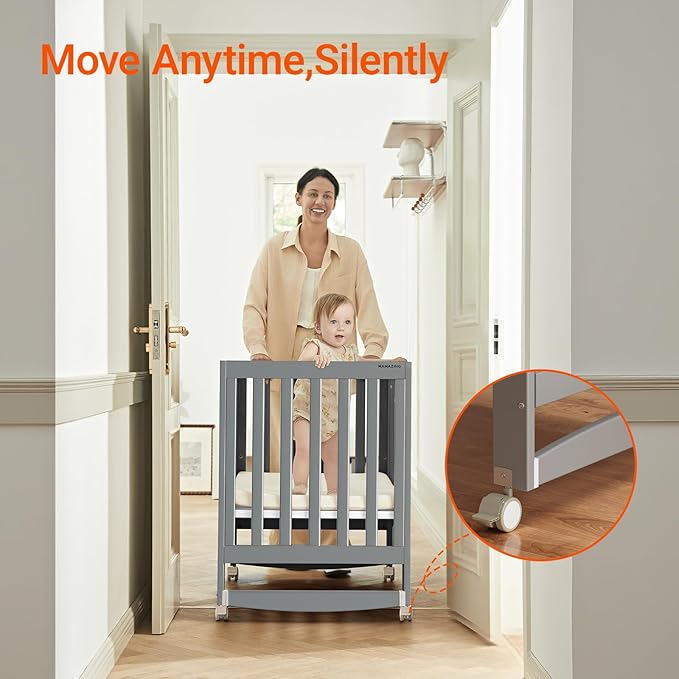 MAMAZING EvoNest Baby Crib, 6 in 1 Convertible Mini Crib with Wheels, 100% New Zealand Wood Growing Bed, 4 Adjustable Mattress Height, GREENGUARD Gold Certified, Grey