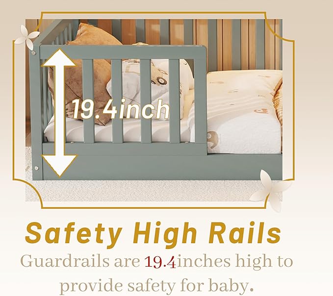 Twin Size House Bed for Kids, Low Profile Montessori Bed Twin with High Railings, Wood House Shape Montessori Beds with Light & Roof for Kids, Gray