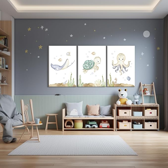 Wodkwq Ocean Nursery Decor, Set of 3, 16x24in Framed Canvas Prints, Under The Sea, Boys Room Sea Animal Wall Art