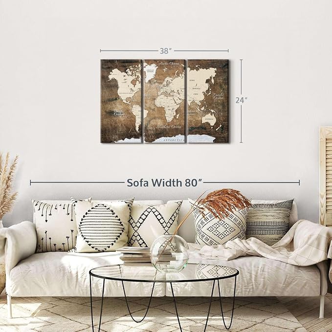 ElephantStock Aged Brown World Map I Wall Art - 3 Piece Canvas World Map Wall Decor - Ready-to-Hang Canvas Print - Vintage Wall Art - 38" X 24"