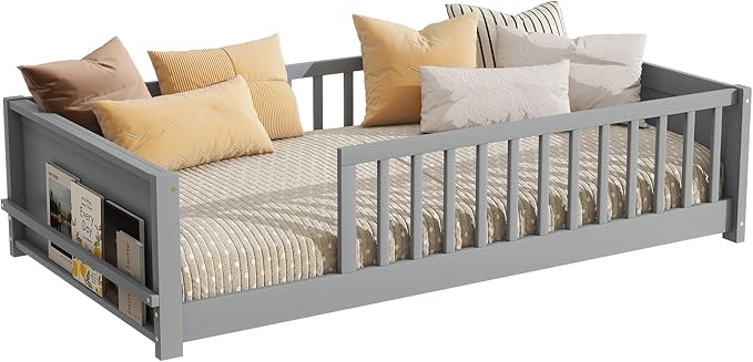 Floor Bed with Rails Twin Size, Wood Montessori Floor Bed with Storage Bookcase, Kids Bed Frame with Fence for Boys Girls, Gray