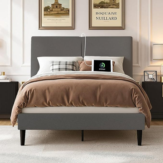 VECELO Twin Bed Frame with Type-C & USB Ports, Upholstered Platform Height-Adjustable Cotton and Linen Headboard,No Box Spring Needed, Noise-Free, Easy Assembly, Dark Grey