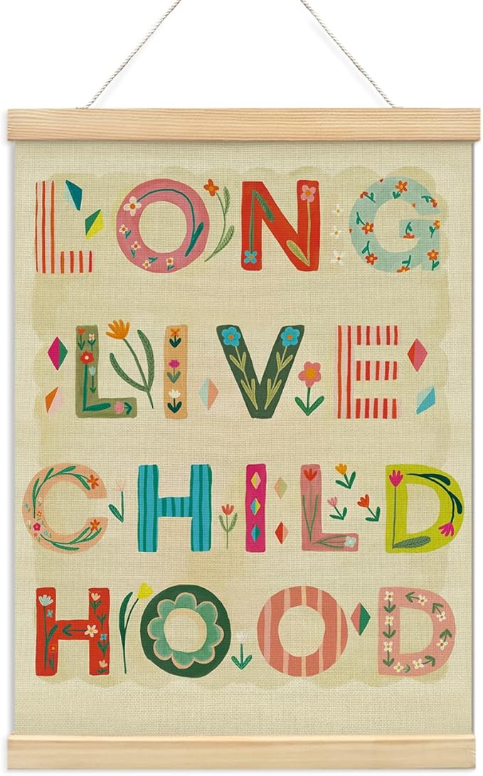 NaZaUK Kids Room Decor, Classroom Decor, Long Live Childhood Canvas Wall Art, Nursery Bedroom Decor for Babies, Boho Pennant Flag Banner, Toddler Poster Hanger Frame, Playroom Classroom Wall Art, 12x16 Inch
