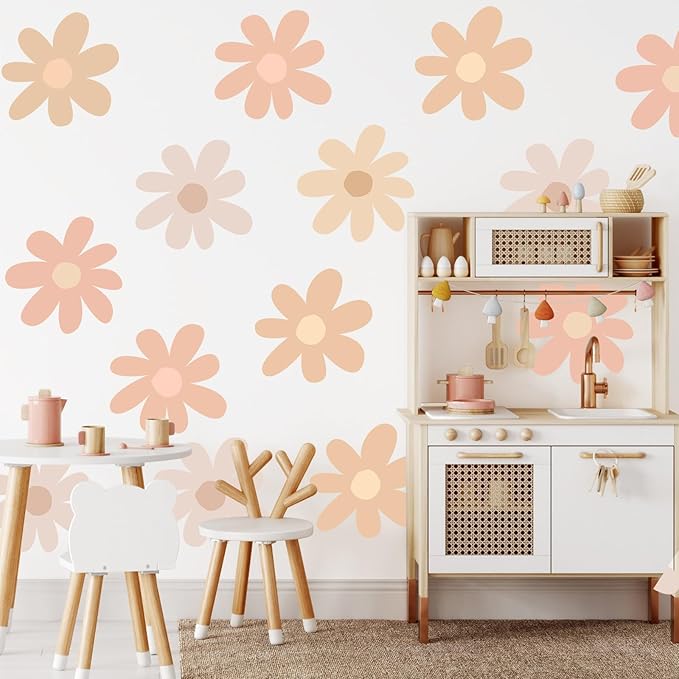 TaoBary 12 Sheets Daisy Wall Decal Flower Wall Sticker Cute Daisy Sticker Pink White Flower Decal Peel and Stick Floral Wallpaper for Nursery Bedroom Home Decor(Light Color,Bobo Style)